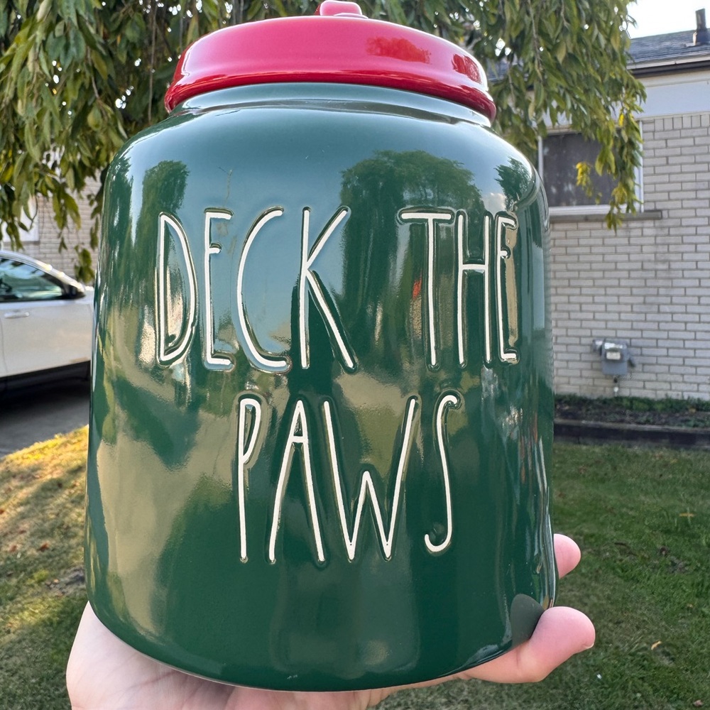 Rae Dunn Holiday Christmas DECK THE PAWS Ceramic Green & Red Pet Treat Canister